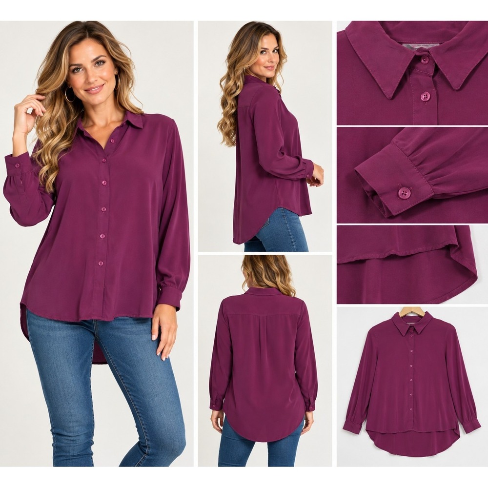 Big Dart Women's Size US 10 Purple Button Front Blouse 100% Viscose High Low